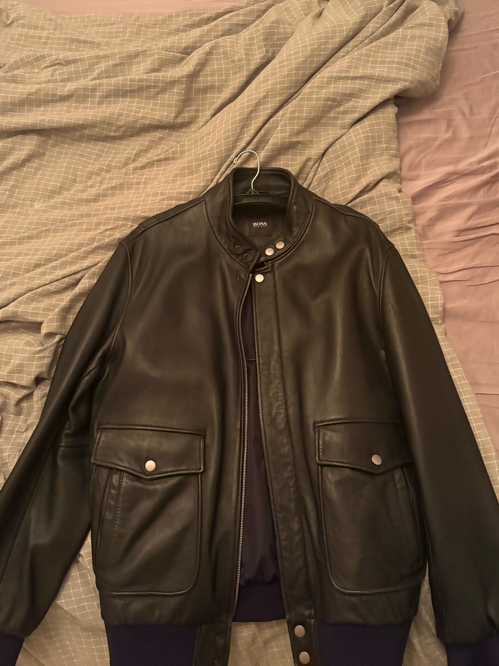 Boss Black Leather Bomber Jacket with Snap Pockets